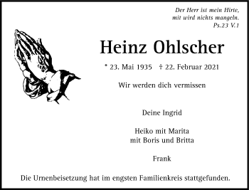 Anzeige von Heinz Ohlscher 