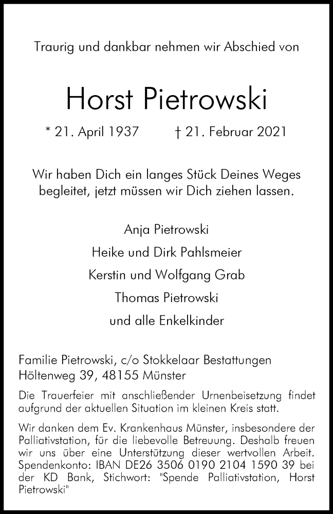  Traueranzeige für Horst Pietrowski vom 27.02.2021 aus 