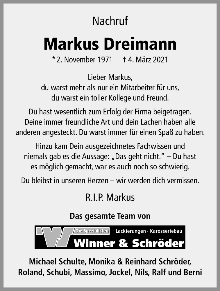  Traueranzeige für Markus Dreimann vom 10.03.2021 aus 