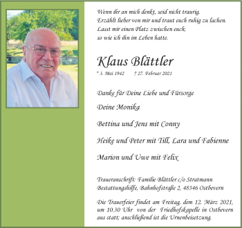 Anzeige von Klaus Blättler 