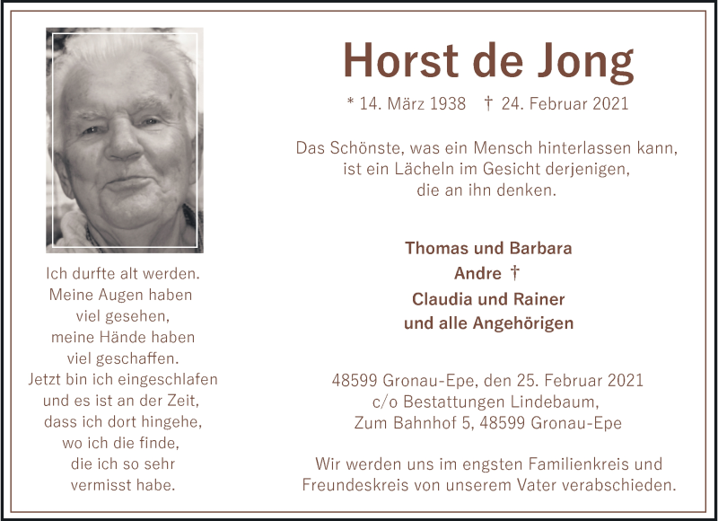  Traueranzeige für Horst de Jong vom 01.03.2021 aus 