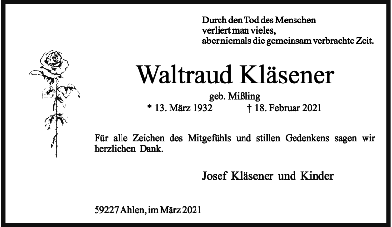  Traueranzeige für Waltraud Kläsener vom 13.03.2021 aus 