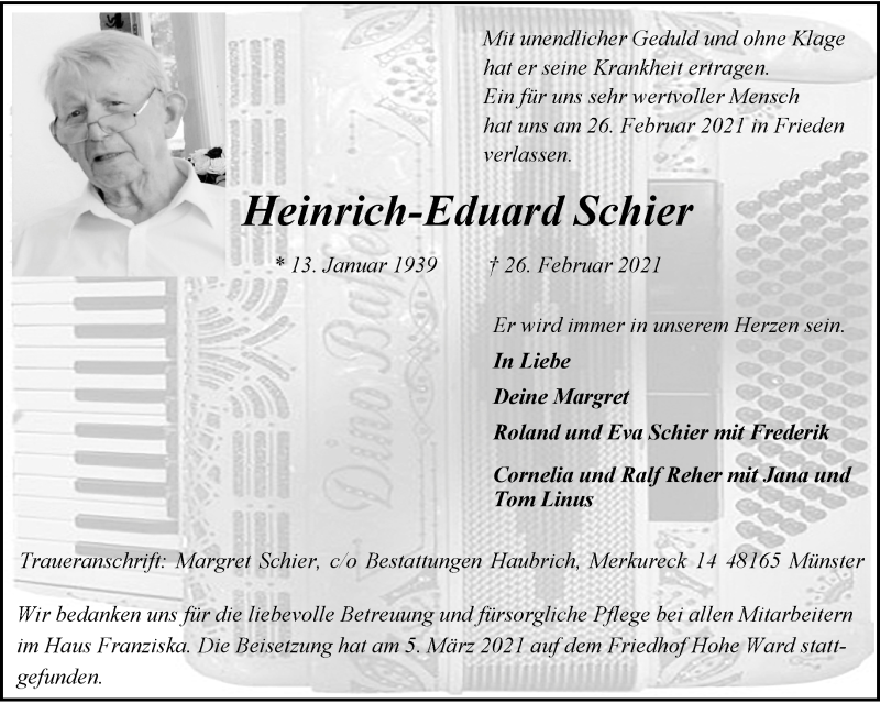  Traueranzeige für Heinrich-Eduard Schier vom 06.03.2021 aus 