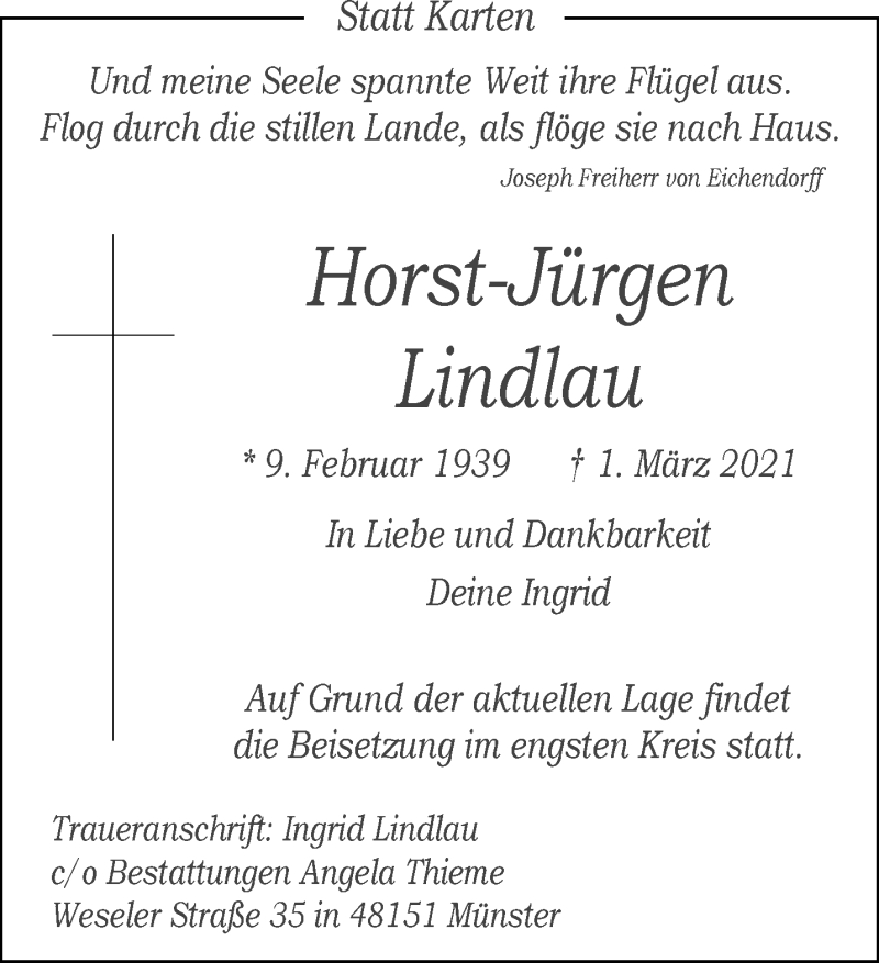  Traueranzeige für Horst-Jürgen Lindlau vom 06.03.2021 aus 