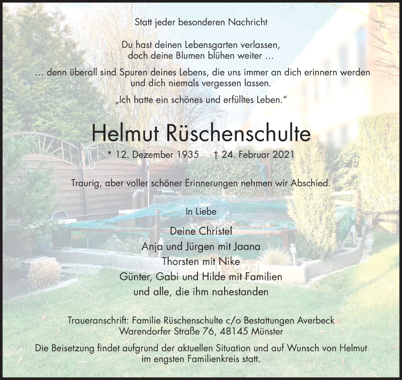  Traueranzeige für Helmut Rüschenschulte vom 06.03.2021 aus 