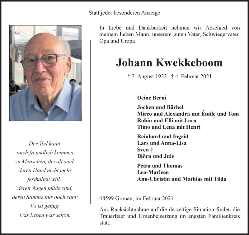  Traueranzeige für Johann Kwekkeboom vom 18.02.2021 aus 