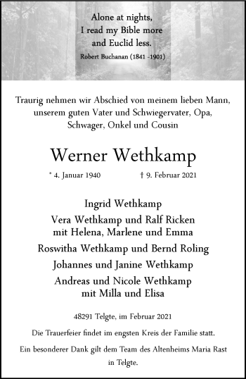 Anzeige von Werner Wethkamp 