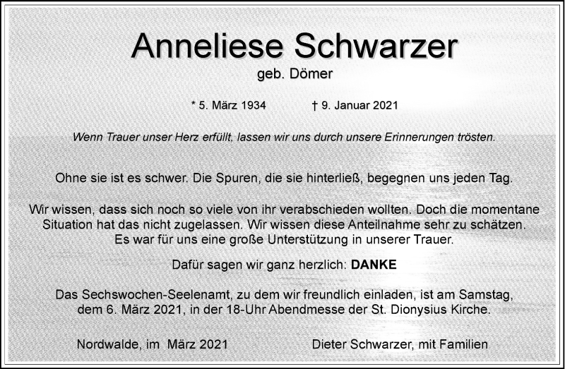  Traueranzeige für Anneliese Schwarzer vom 01.03.2021 aus 
