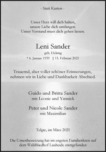 Anzeige von Leni Sander 