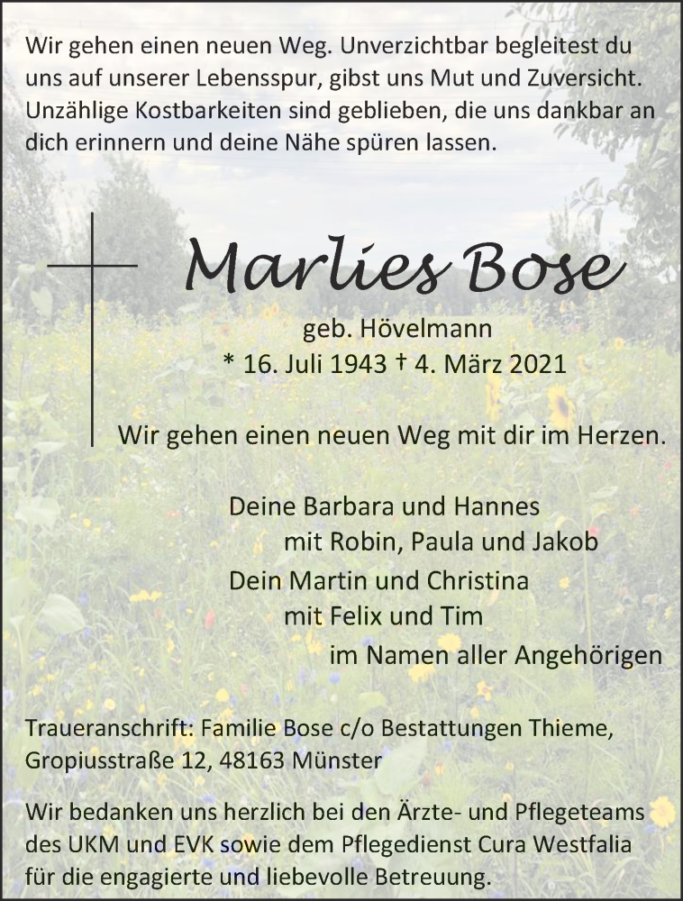  Traueranzeige für Marlies Bose vom 10.03.2021 aus 