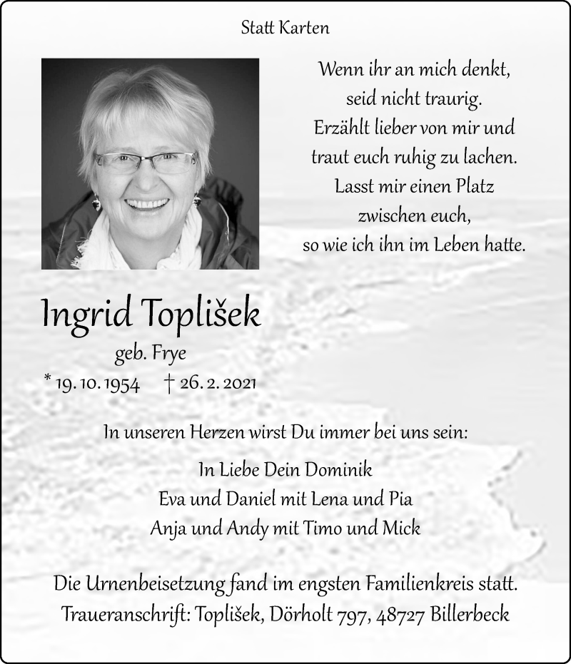  Traueranzeige für Ingrid Toplisek vom 06.03.2021 aus 