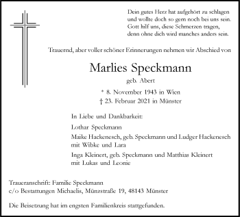 Anzeige von Marlies Speckmann 