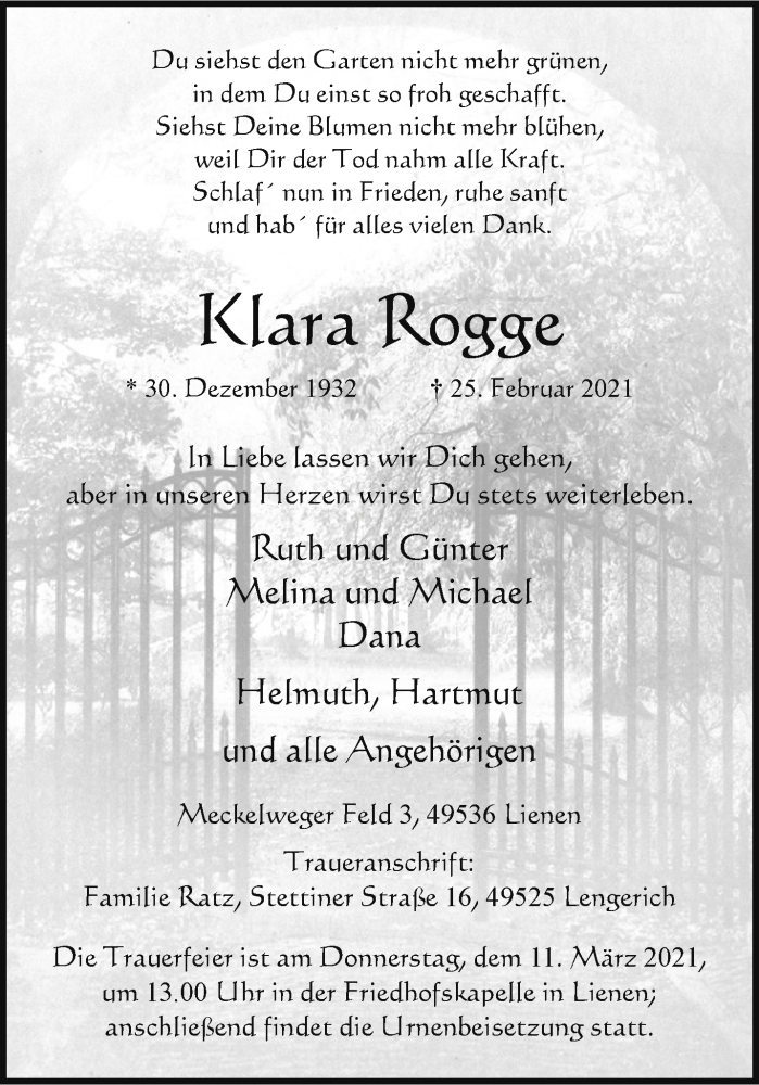  Traueranzeige für Klara Rogge vom 06.03.2021 aus 