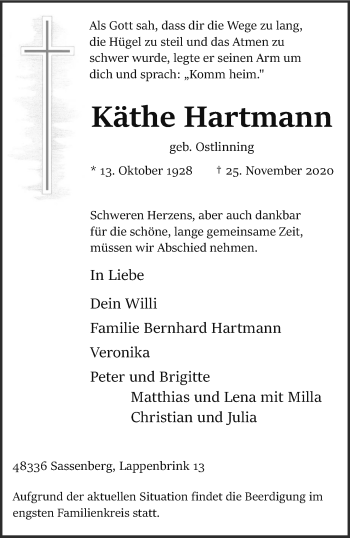 Anzeige von Käthe Hartmann von Westfälische Nachrichten