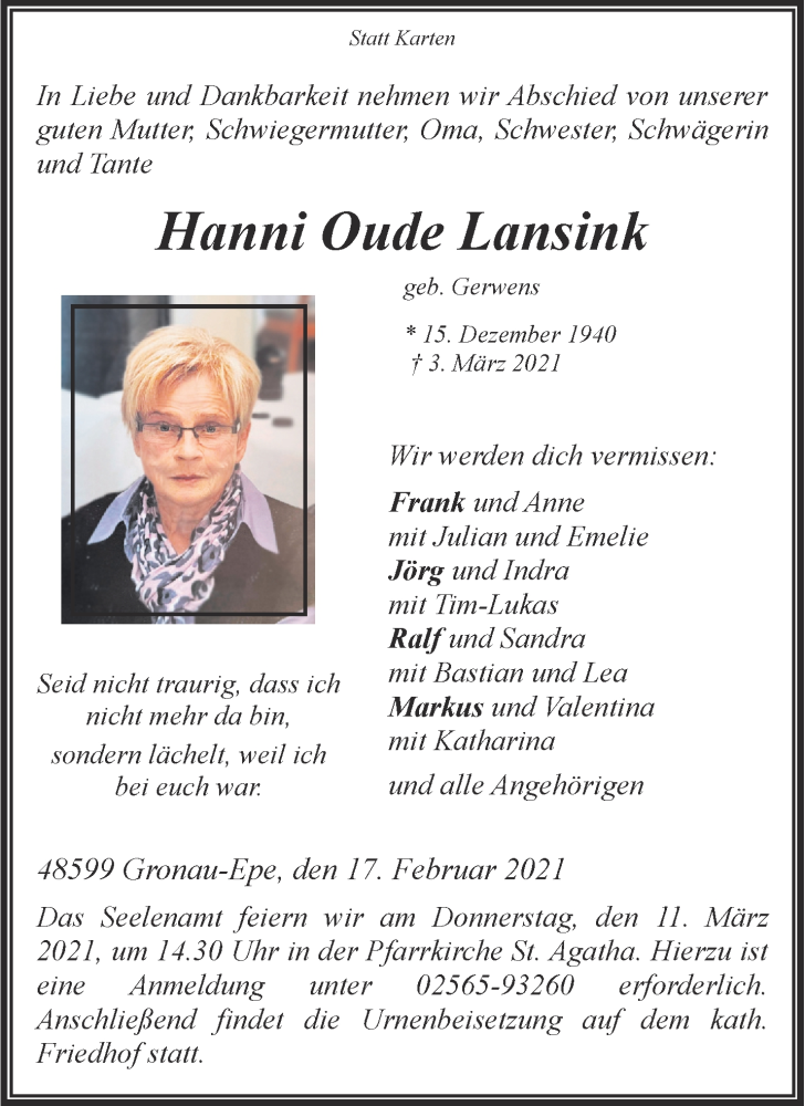  Traueranzeige für Hanni Oude Lansink vom 06.03.2021 aus 