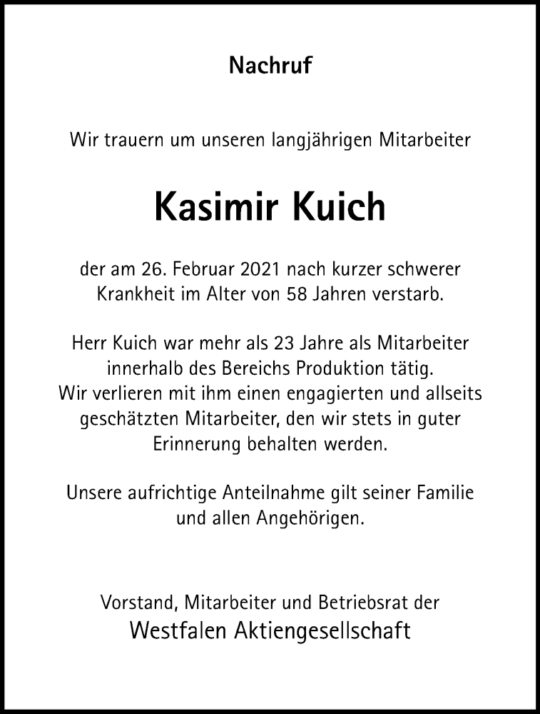  Traueranzeige für Kasimir Kuich vom 06.03.2021 aus 