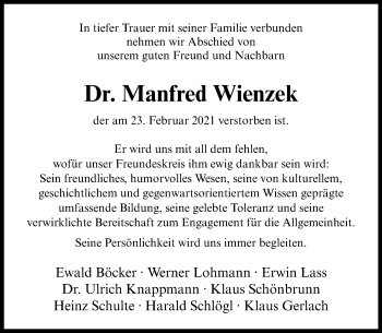 Anzeige von Manfred Wienzek 