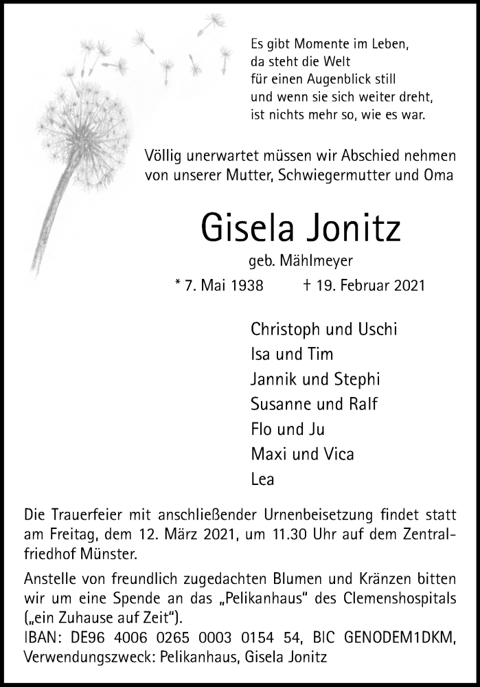  Traueranzeige für Gisela Jonitz vom 06.03.2021 aus 