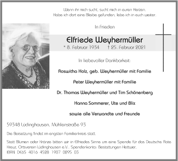 Anzeige von Elfriede Weyhermüller 
