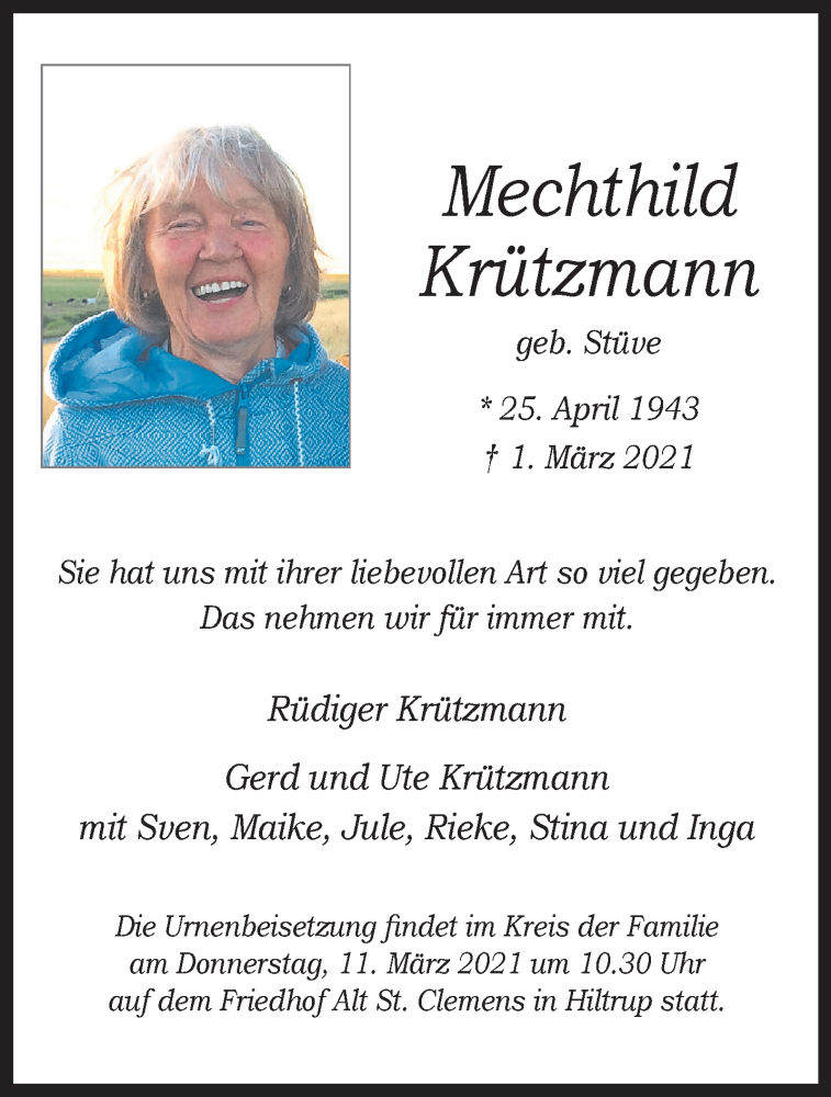  Traueranzeige für Mechthild Krützmann vom 06.03.2021 aus 