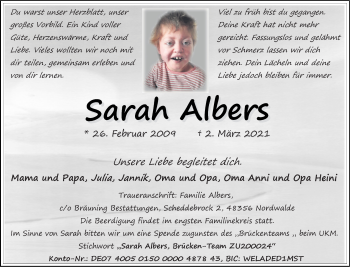 Anzeige von Sarah Albers 