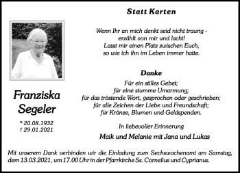 Anzeige von Franziska Segeler 