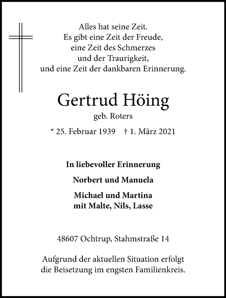  Traueranzeige für Gertrud Höing vom 04.03.2021 aus 