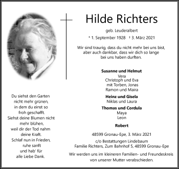 Anzeige von Hilde Richters 