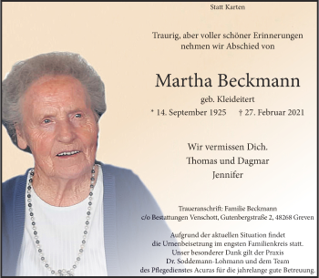 Anzeige von Martha Beckmann 