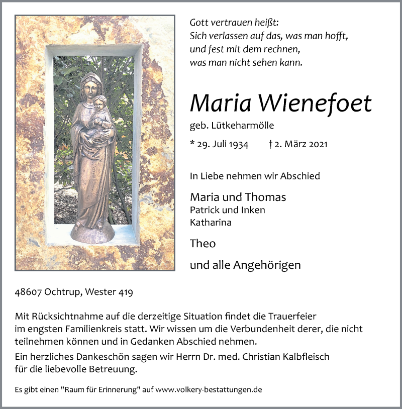  Traueranzeige für Maria Wienefoet vom 05.03.2021 aus 
