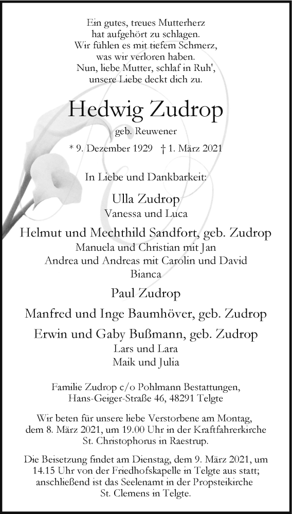  Traueranzeige für Hedwig Zudrop vom 06.03.2021 aus 