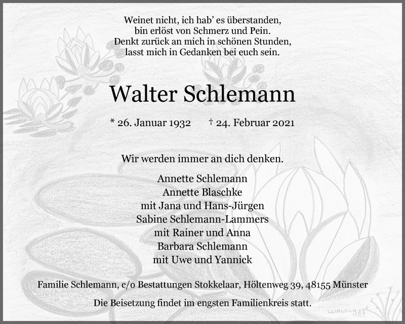  Traueranzeige für Walter Schlemann vom 03.03.2021 aus 