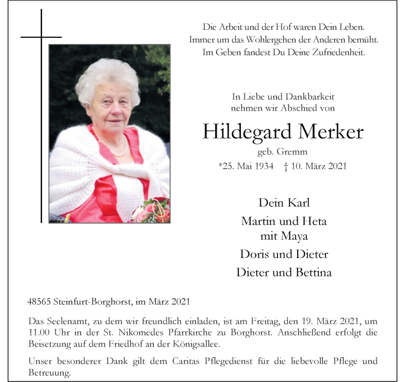  Traueranzeige für Hildegard Merker vom 17.03.2021 aus 