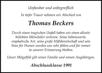 Anzeige von Thomas Beckers 
