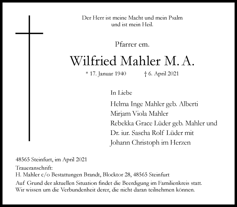  Traueranzeige für Wilfried Mahler vom 10.04.2021 aus 