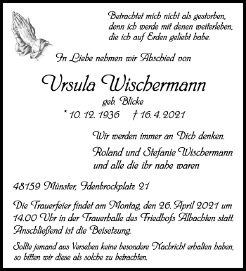 Anzeige von Ursula Wischermann 