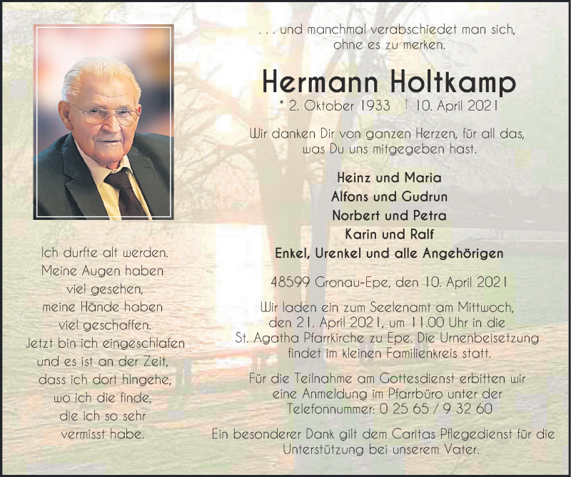  Traueranzeige für Hermann Holtkamp vom 14.04.2021 aus 
