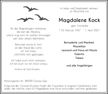 Anzeige von Magdalene Kock 