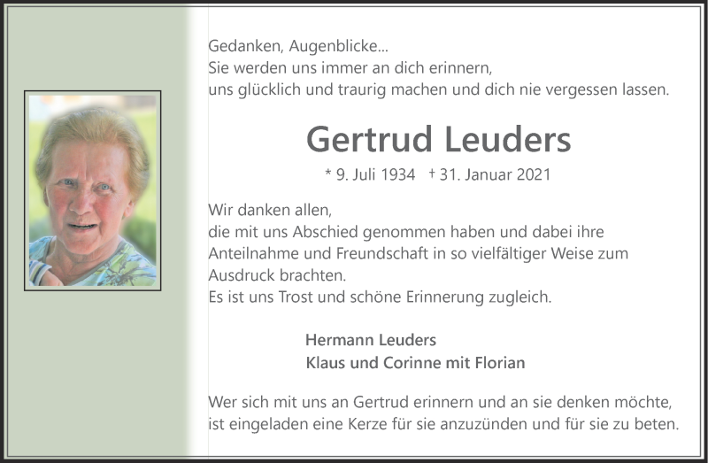  Traueranzeige für Gertrud Leuders vom 27.03.2021 aus 