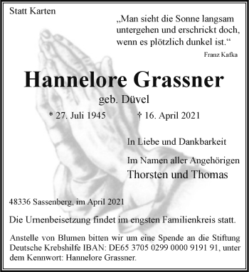 Anzeige von Hannelore Grassner 