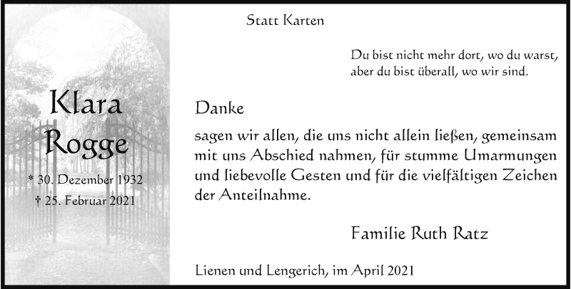  Traueranzeige für Klara Rogge vom 10.04.2021 aus 