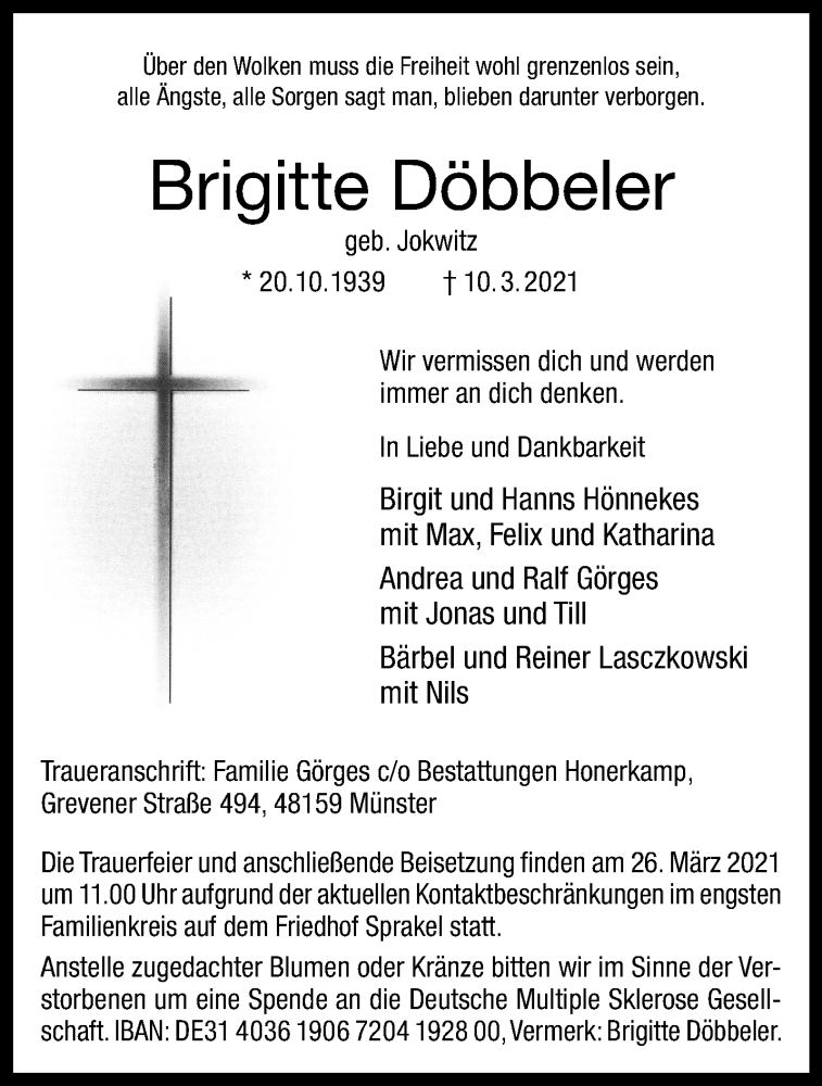  Traueranzeige für Brigitte Döbbeler vom 17.03.2021 aus 