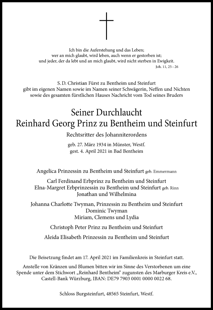  Traueranzeige für Reinhard Georg Prinz zu Bentheim und Steinfurt vom 07.04.2021 aus 
