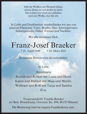 Anzeige von Franz-Josef Braeker 