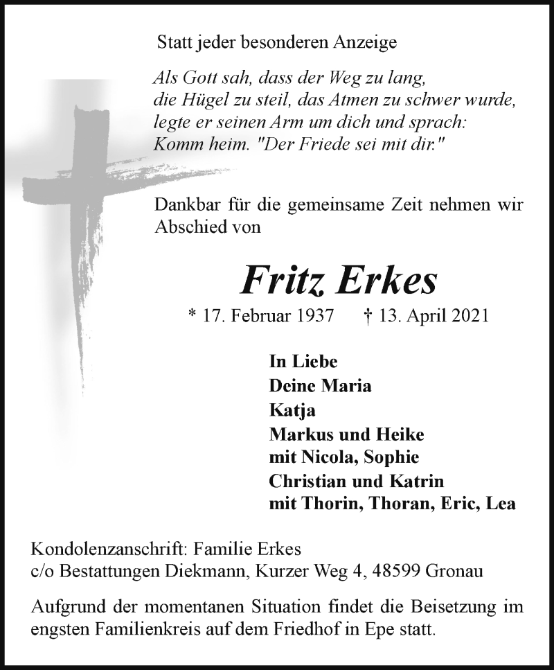  Traueranzeige für Fritz Erkes vom 16.04.2021 aus 