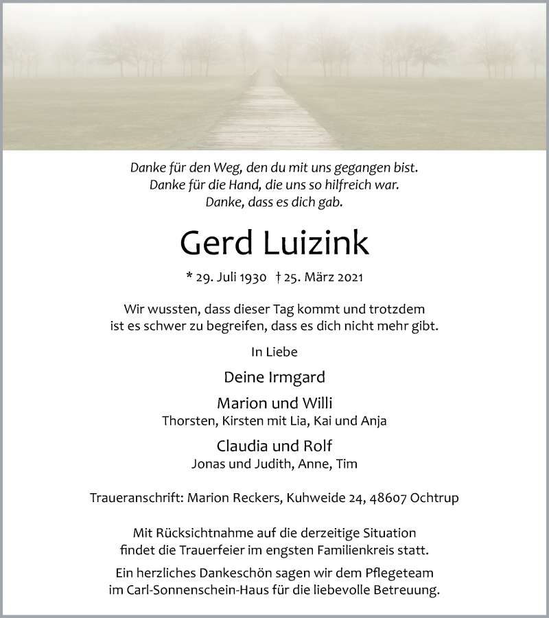  Traueranzeige für Gerd Luizink vom 29.03.2021 aus 