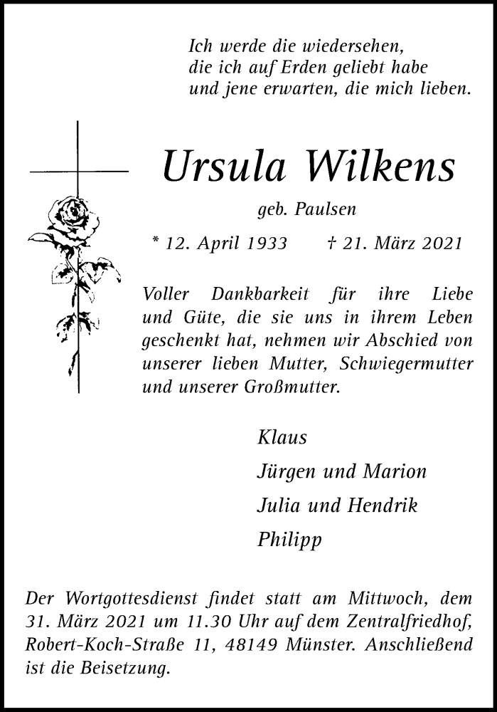  Traueranzeige für Ursula Wilkens vom 27.03.2021 aus 