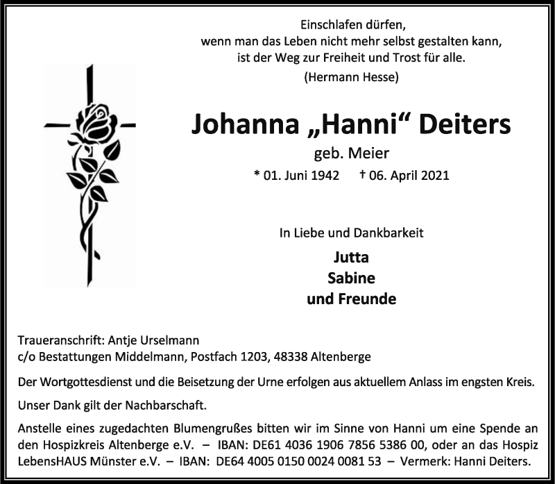  Traueranzeige für Johanna Deiters vom 14.04.2021 aus 