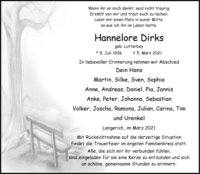  Traueranzeige für Hannelore Dirks vom 20.03.2021 aus 