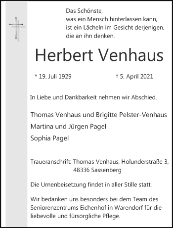 Anzeige von Herbert Venhaus 
